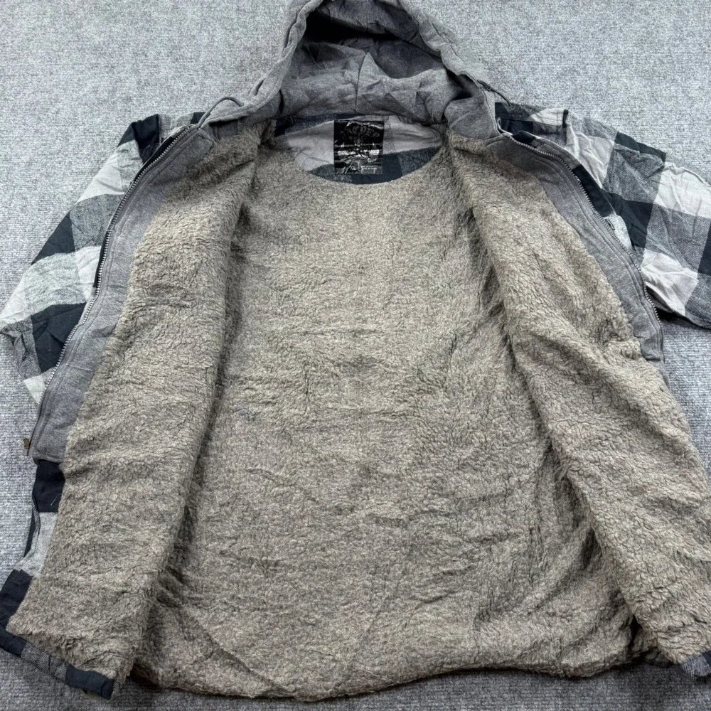 Sacred Cult Hooded Flannel Jacket XL Black Gray Sherpa Lined Buffalo Plaid Men's